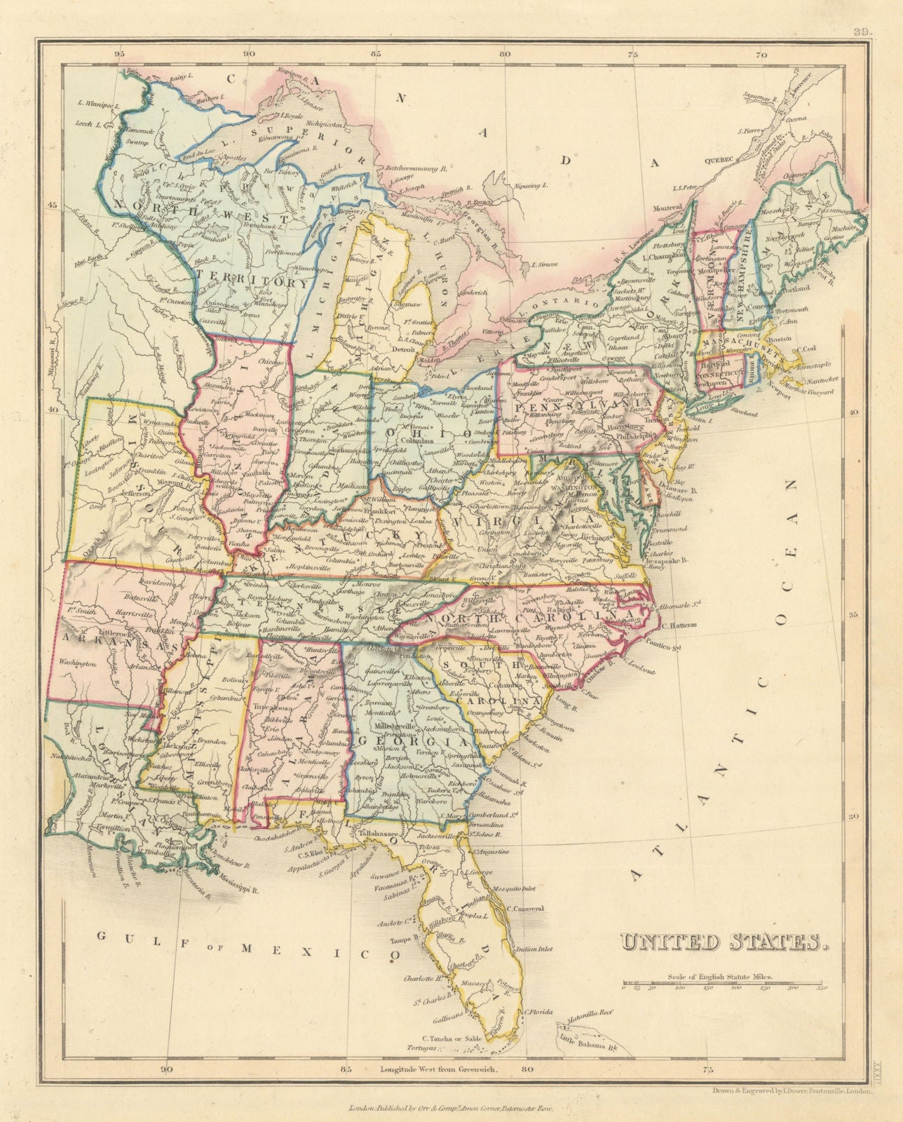 United States. Northwest/Wisconsin Territory Florida. w/o Texas. DOWER 1845 map
